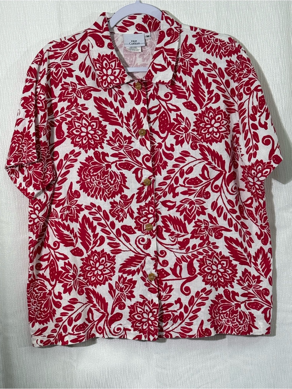 100% Linen Hot Cotton White Shirt with Red Floral Print